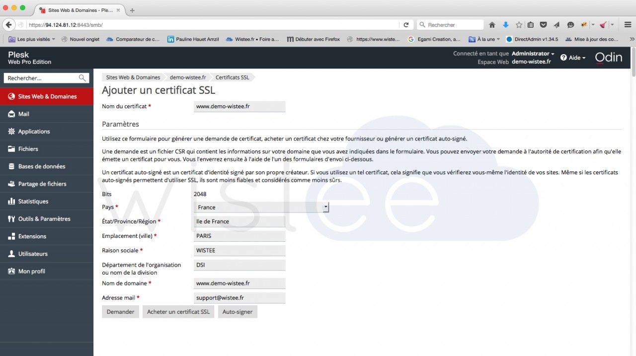 Informations du certificat SSL Plesk